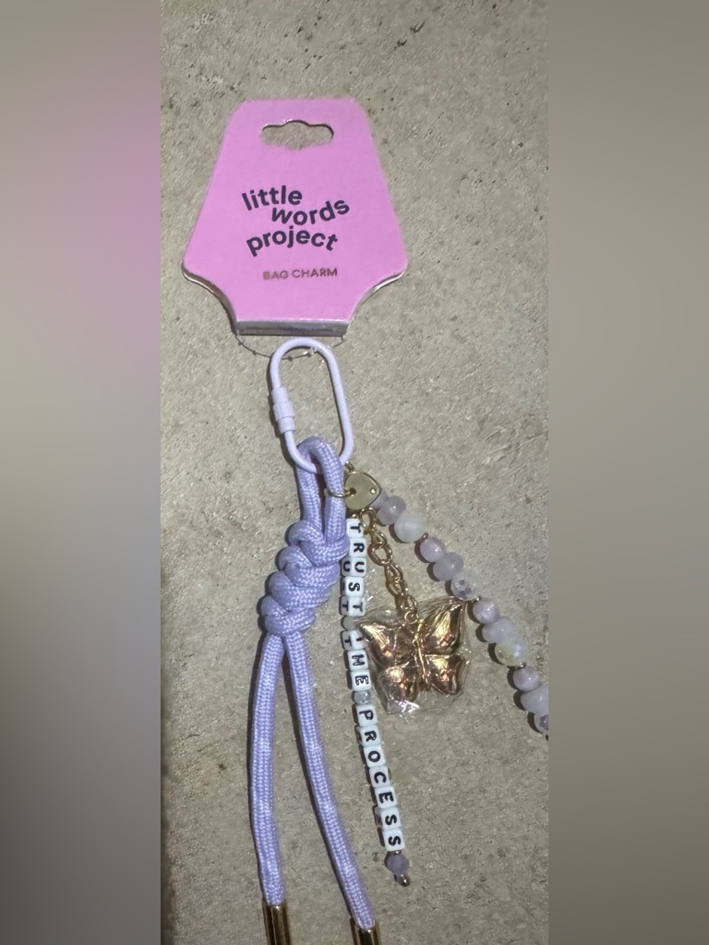Little Words Project 'Trust the Process' Beaded Bag Charm - White/Gold Accents